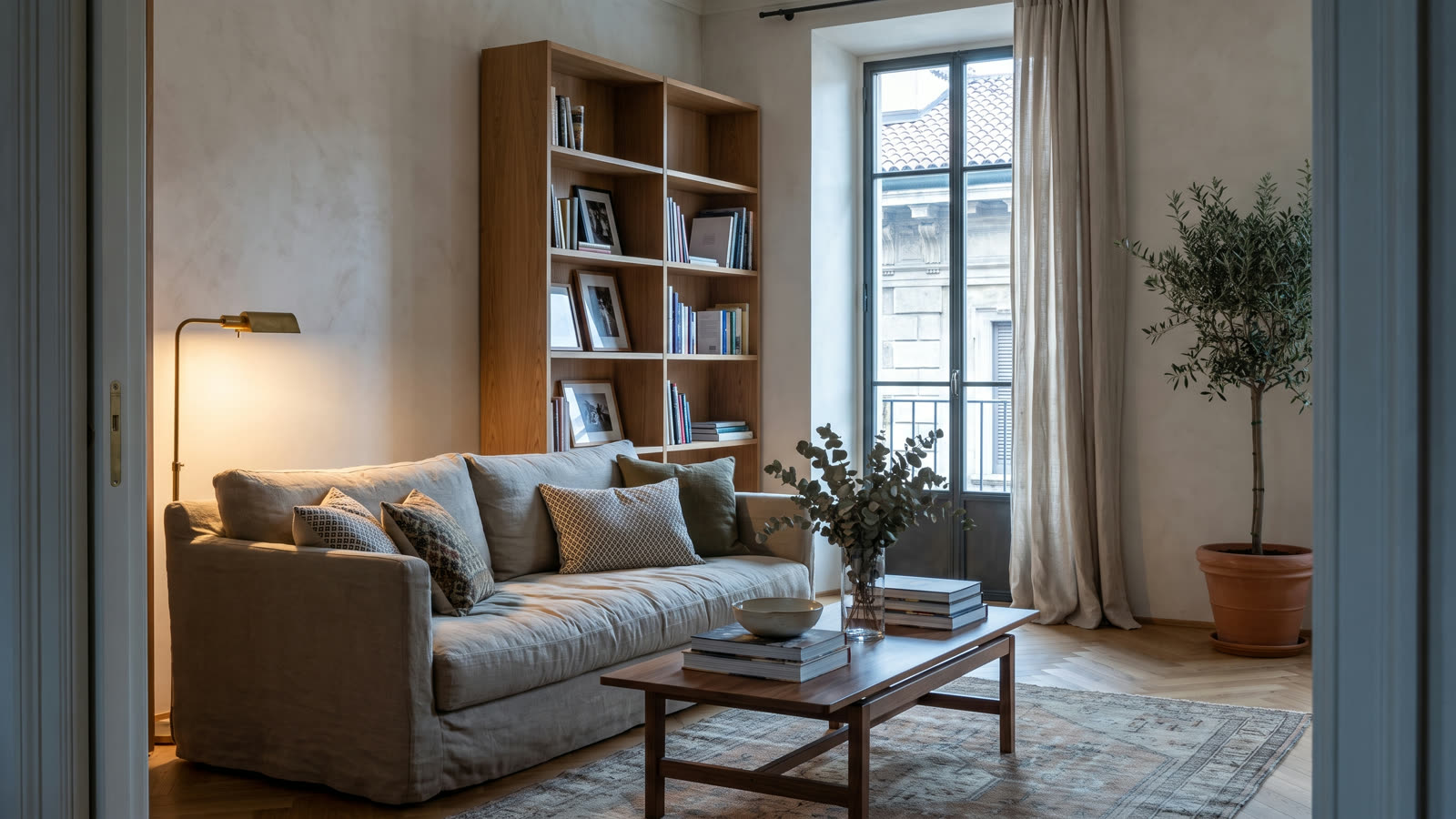 Soggiorno di un appartamento milanese contemporaneo, con la lampada accesa e la luce della sera dalla finestra. Non è un immobile in gestione.