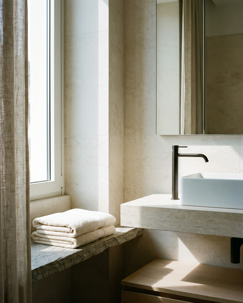 Angolo bagno di un appartamento milanese, con due asciugamani piegati su una mensola di travertino accanto alla finestra.