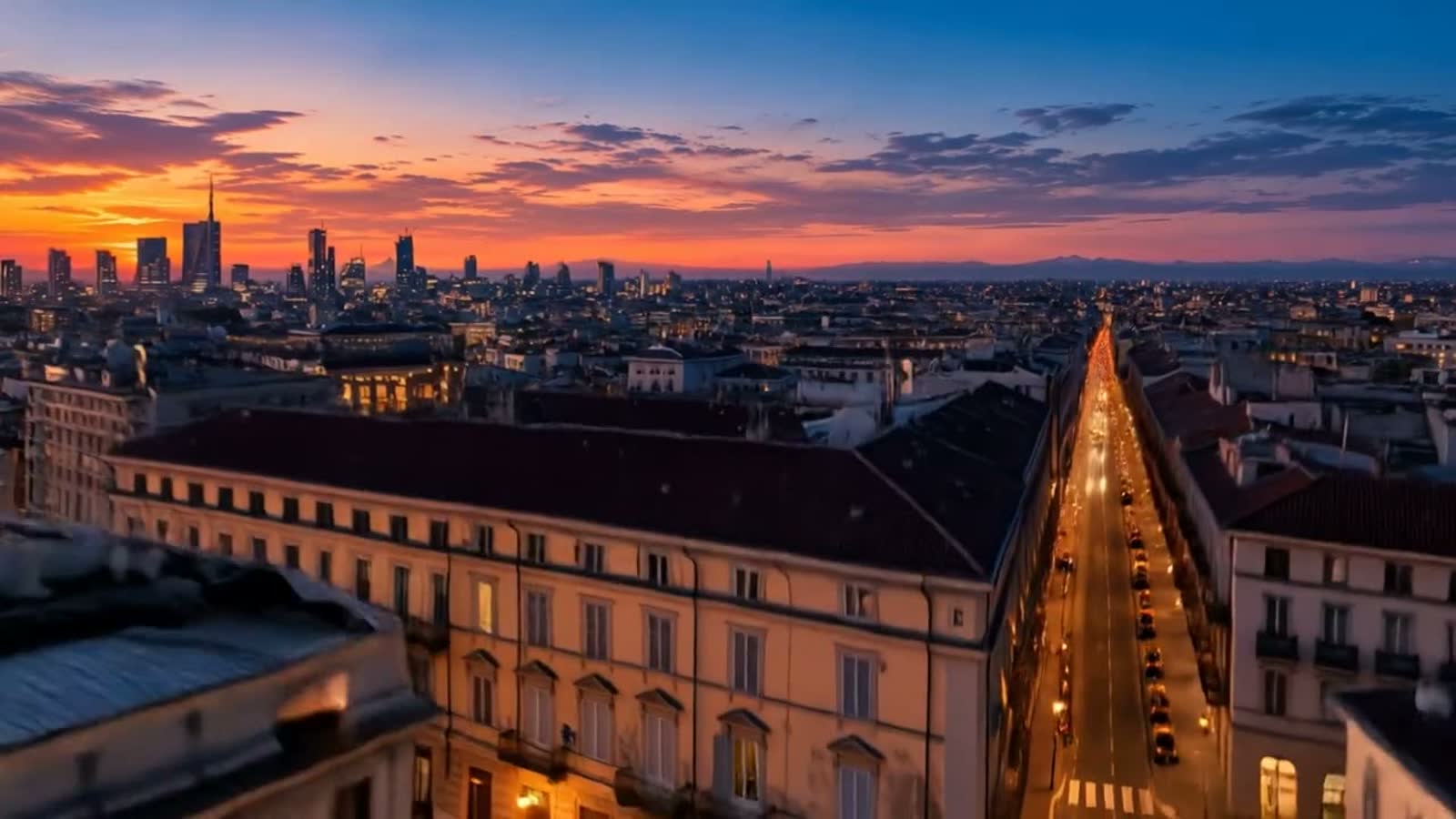 I tetti di Milano dall'alto all'ora blu, con i grattacieli sullo sfondo.