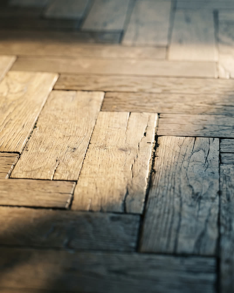 Parquet a spina di pesce di un pavimento milanese, con la luce radente del pomeriggio.