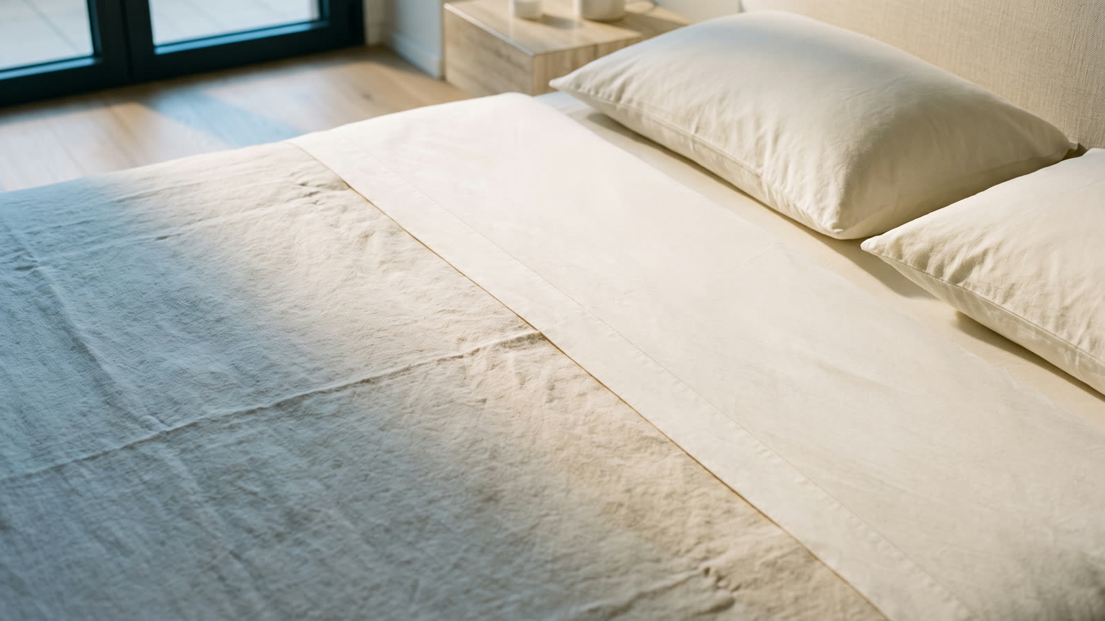Il risvolto del lenzuolo teso su un letto rifatto, con due guanciali dietro, nella luce di una finestra alta.